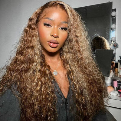 Geeta Honey Blonde Highlight Water Wave 13x4 Lace Front / 6x4 Pre Cut Lace Human Hair HD Lace Wig For Women - GeetaHair