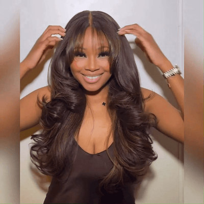 Full 300% Density Highlights Brown Loose Body Wave Wig With Bangs Glueless Wigs Human Hair - GeetaHair
