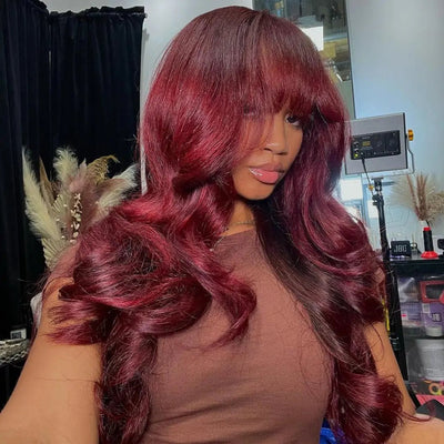 99j Burgundy Lace Front Wigs Body Wave Wigs with Bangs Human Hair Wigs Pre Plucked - GeetaHair