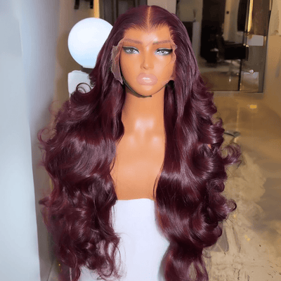 Geeta Hair 99J Burgundy Glueless Wigs 3D Body Wave 13x4 Red Colored Lace Front Wigs Pre Plecked - GeetaHair