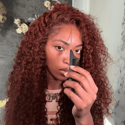 Reddish Brown Curly 13x4 Lace Front Wig Copper Red Glueless Human Hair Wig 250% Density - GeetaHair