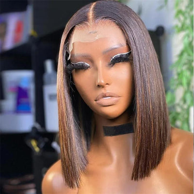 Pre Bleached Knots Highlight Bob Wig Human Hair Straight 13x4 Lace Frontal Wig 180% Density Pre Plucked - GeetaHair