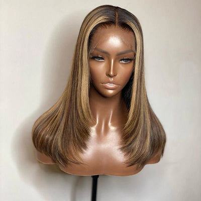 Pre Bleached Knots Straight Layered Cut 13x4 Lace Front Wig Ombre Highlight Straight Wig 180% Density - GeetaHair