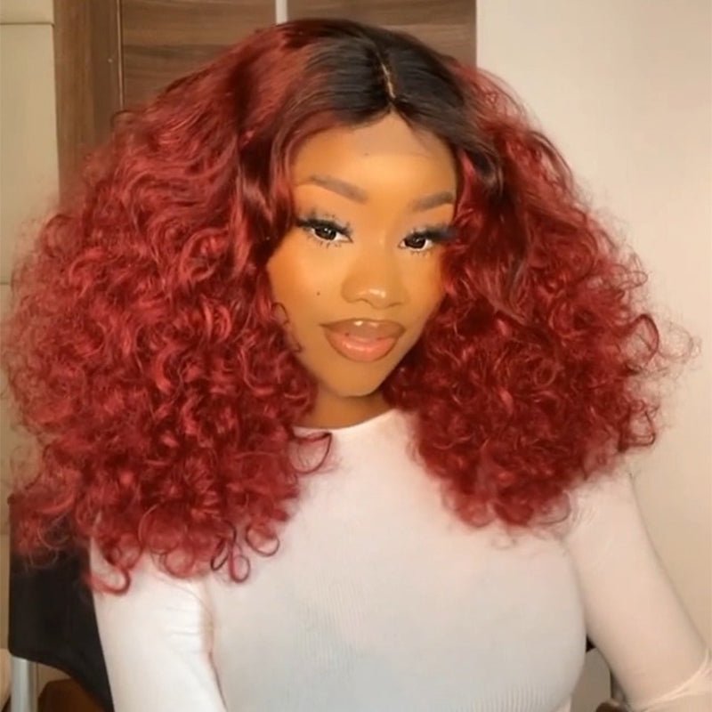 Ombre 1B/Red Lace Front Wigs Human Hair Bouncy Curly Wave Lace Front Wig Pre Plucked 180% Density Glueless Lace Front Curly Human Hair Wigs - GeetaHair