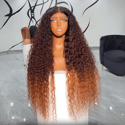 Ombre Brown Curly Lace Front Wigs Human Hair Pre Plucked Deep Curly Wave 13x4 HD Lace Frontal Wigs - GeetaHair
