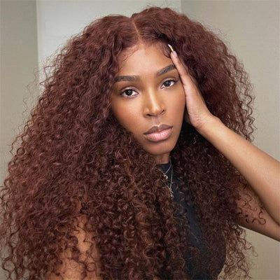Reddish Brown Spanish Curly 13x4 HD Lace Front Wig Colored HD Transparent Lace Curly Human Hair Wigs - GeetaHair