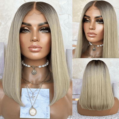 Ash Blonde Lace Front Wig 13x4 Lace Front Straight Bob Human Hair Wigs Pre Blucked 180% Density - GeetaHair