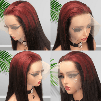Sparkle burgundy Roots Long Straight 13x4/4x4 Lace Front Wig Ombre 99J Colored Bone Straight Human Hair Wigs - Geeta Hair - GeetaHair