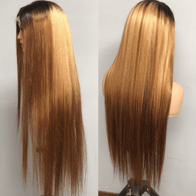 Straight Brown Wig With Blonde Highlights 13x4 HD Transaparent Lace Front Human Hair Wigs With Dark Roots - Geeta Hair - GeetaHair