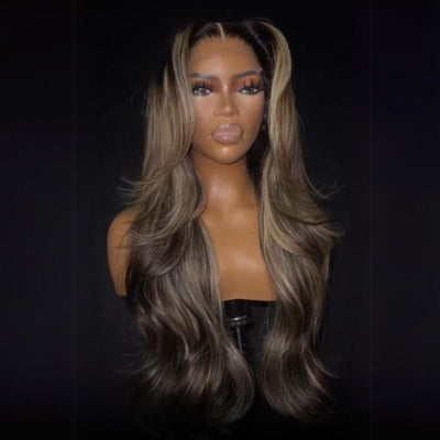 Geeta Brown Mixed Golden Color Long Wavy Human Hair Wigs Ombre Brown Balayage Highlight Lace Front Wigs - GeetaHair