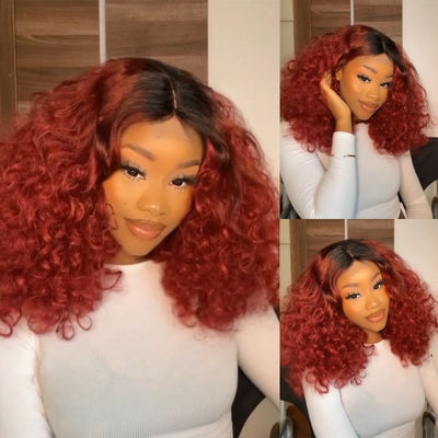 Ombre 1B/Red Lace Front Wigs Human Hair Bouncy Curly Wave Lace Front Wig Pre Plucked 180% Density Glueless Lace Front Curly Human Hair Wigs - GeetaHair