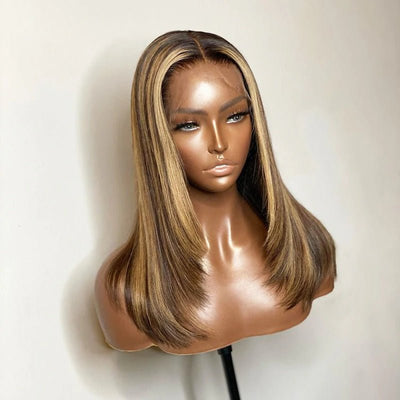 Pre Bleached Knots Straight Layered Cut 13x4 Lace Front Wig Ombre Highlight Straight Wig 180% Density - GeetaHair