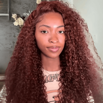Reddish Brown Curly 13x4 Lace Front Wig Copper Red Glueless Human Hair Wig 250% Density - GeetaHair