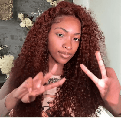 Reddish Brown Curly 13x4 Lace Front Wig Copper Red Glueless Human Hair Wig 250% Density - GeetaHair