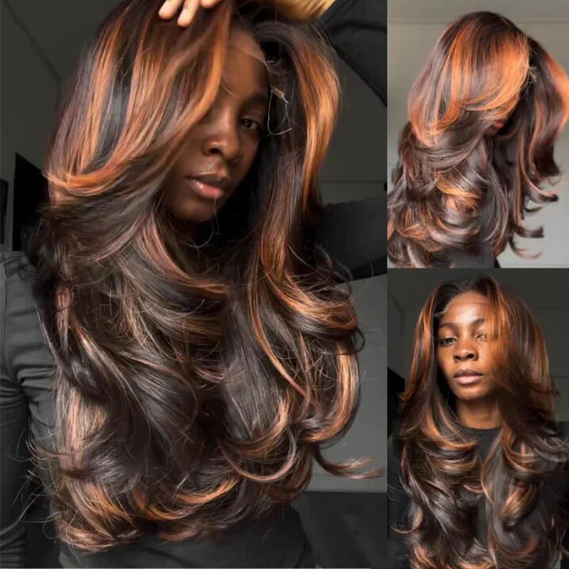 Highlights Brown Color 13x4 Lace Front Human Hair Wigs Ombre Body Wave Pre plucked Wigs - GeetaHair