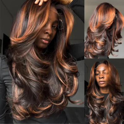 Highlights Brown Color 13x4 Lace Front Human Hair Wigs Ombre Body Wave Pre plucked Wigs - GeetaHair
