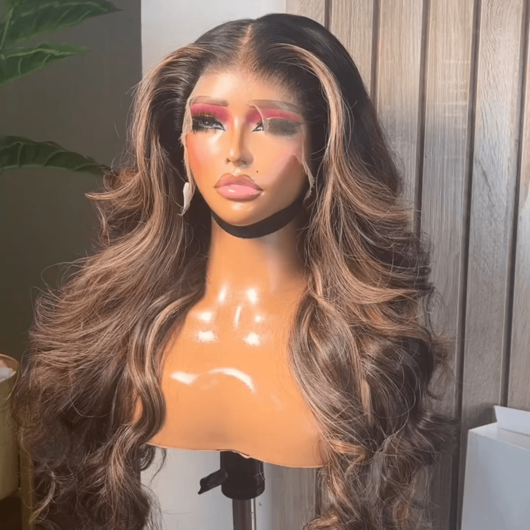 Ombre Brown Highlight 13x4 Body Wave Lace Front Human Hair Wigs Brown with Black Colored Wig Pre plucked - GeetaHair