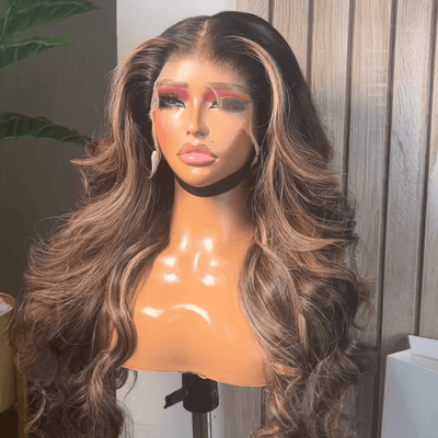 Ombre Brown Highlight 13x4 Body Wave Lace Front Human Hair Wigs Brown with Black Colored Wig Pre plucked - GeetaHair