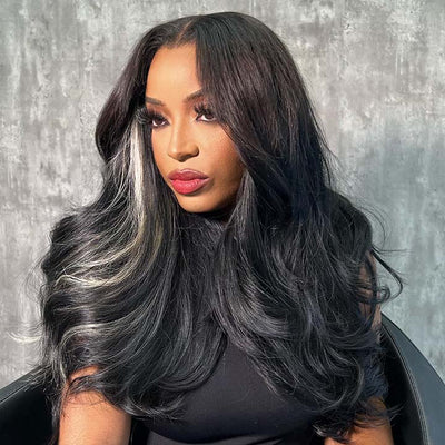 Grey With Black Highlight Straight Wig 13x4 Lace Frontal Wig Mix Color Wig Human Hair Wig - GeetaHair
