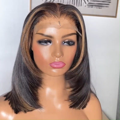 Highlight Blonde Glueless Bob Wig Short Layer Cut Straight 13x4 Lace Front Human Hair Wigs 180% Density No Code Needed - GeetaHair