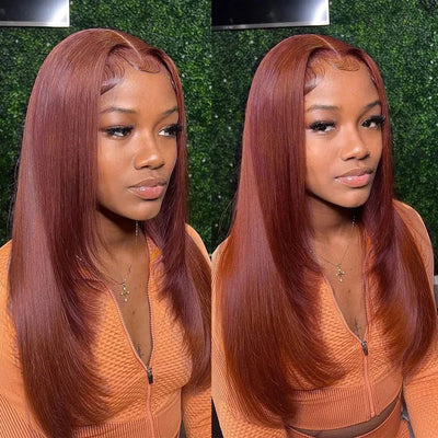 Layered Straight 13x4/4x4 Reddish Brown Lace Frontal Wig HD Transparent Human Hair Wigs Auburn Colored 33# Wig - Geeta Hair - GeetaHair