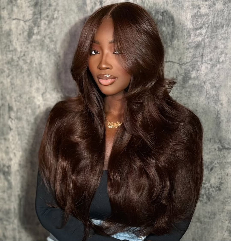 Full 300% Density Layered Cut Dark Brown Body Wave 13x4 Lace Wig