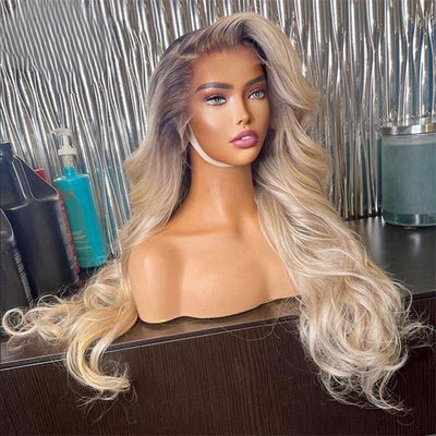 Geeta Highlight Ash Blonde Body Wave Lace Front Wig #613 Color Human Hair Wigs With Dark Roots - GeetaHair