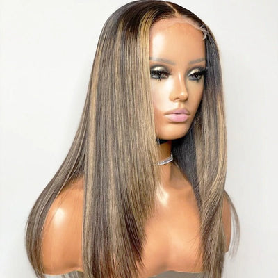 Pre Bleached Knots Straight Layered Cut 13x4 Lace Front Wig Ombre Highlight Straight Wig 180% Density - GeetaHair
