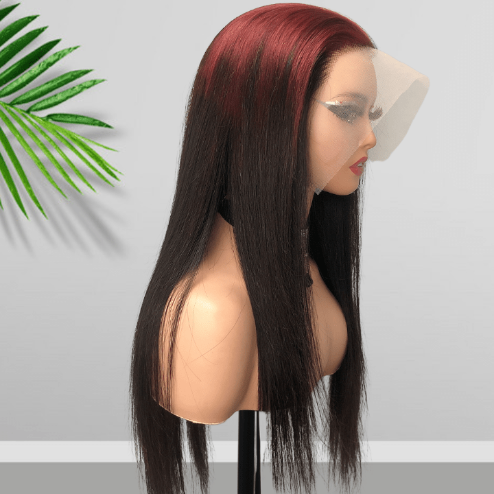 Sparkle burgundy Roots Long Straight 13x4/4x4 Lace Front Wig Ombre 99J Colored Bone Straight Human Hair Wigs - Geeta Hair - GeetaHair
