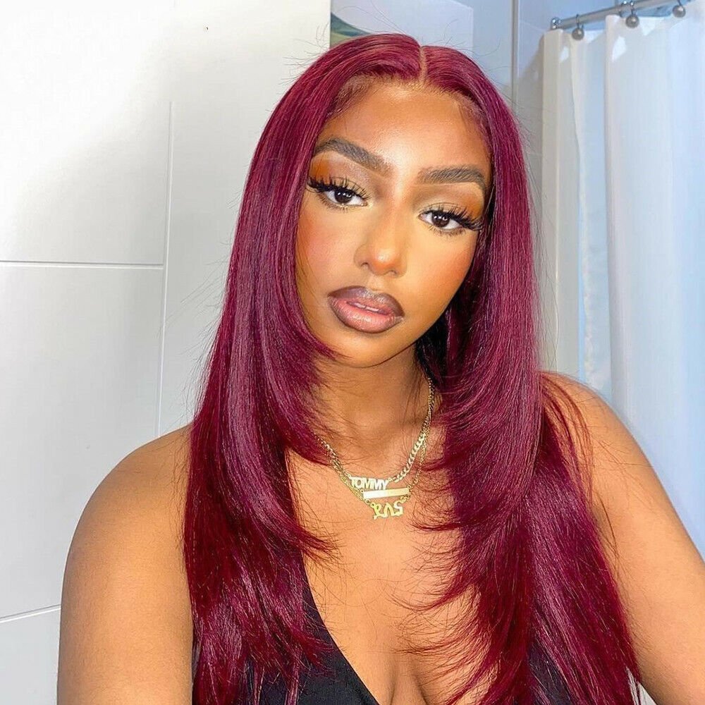 Layered Cut Lace Front Wig 99J Color Straight 13x4 Lace Frontal Wigs 180% Density - Geeta Hair - GeetaHair