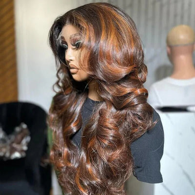 Highlights Brown Color 13x4 Lace Front Human Hair Wigs Ombre Body Wave Pre plucked Wigs - GeetaHair