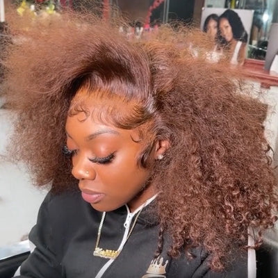 Reddish Brown Curly Human Hair Wigs 180% Density Glueless Lace Front Curly Human Hair Wigs - GeetaHair