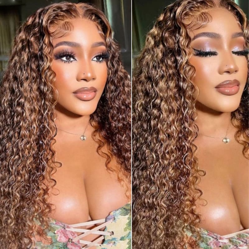 Geeta Honey Blonde Highlight Spanish Curly HD Lace Front Wig Glueless Curly Human Hair Wigs Highlights Brown Wig - GeetaHair