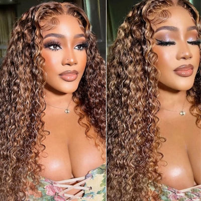 Geeta Honey Blonde Highlight Spanish Curly HD Lace Front Wig Glueless Curly Human Hair Wigs Highlights Brown Wig - GeetaHair