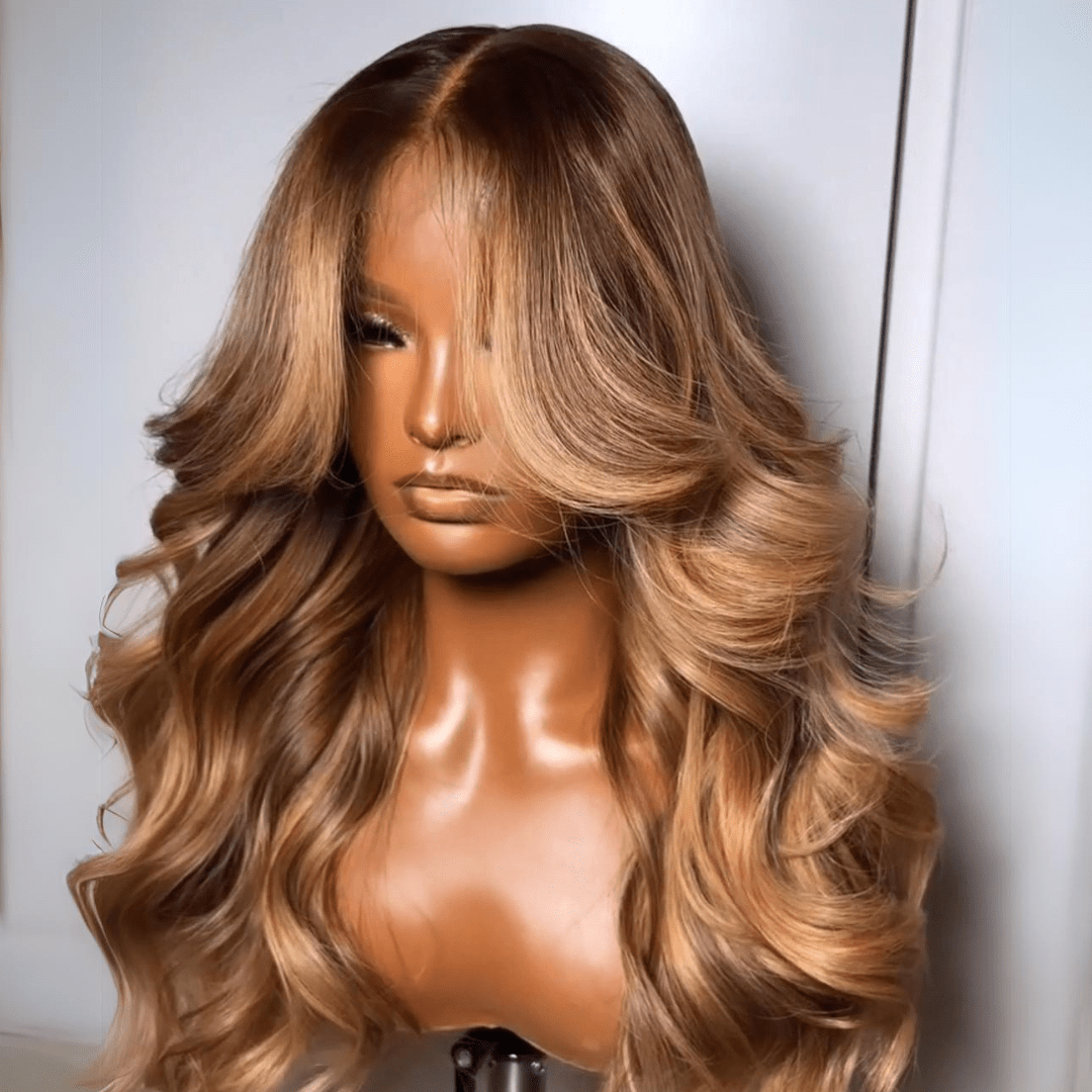 Geeta Dark Brown Curtain Bangs 13x4 Lace Front Wig Brown with Blonde Highlights Lace Front Human Hair Wigs - GeetaHair