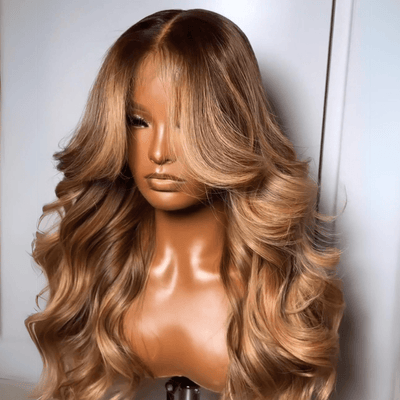 Geeta Dark Brown Curtain Bangs 13x4 Lace Front Wig Brown with Blonde Highlights Lace Front Human Hair Wigs - GeetaHair