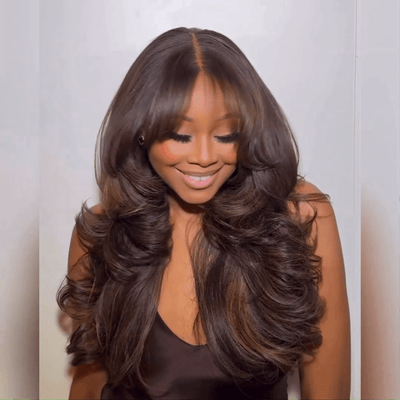Full 300% Density Highlights Brown Loose Body Wave Wig With Bangs Glueless Wigs Human Hair - GeetaHair