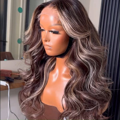 Highlight Ash Blonde Body Wave Human Hair Wig 13x4 Transparent HD Lace Front Wig for Women Pre Plucked - GeetaHair