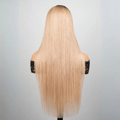 Luxury Designer Series Light Flaxen Brow with Dark Roots Wig Straight 13x4 Lace Front Gluleless Wigs - GeetaHair