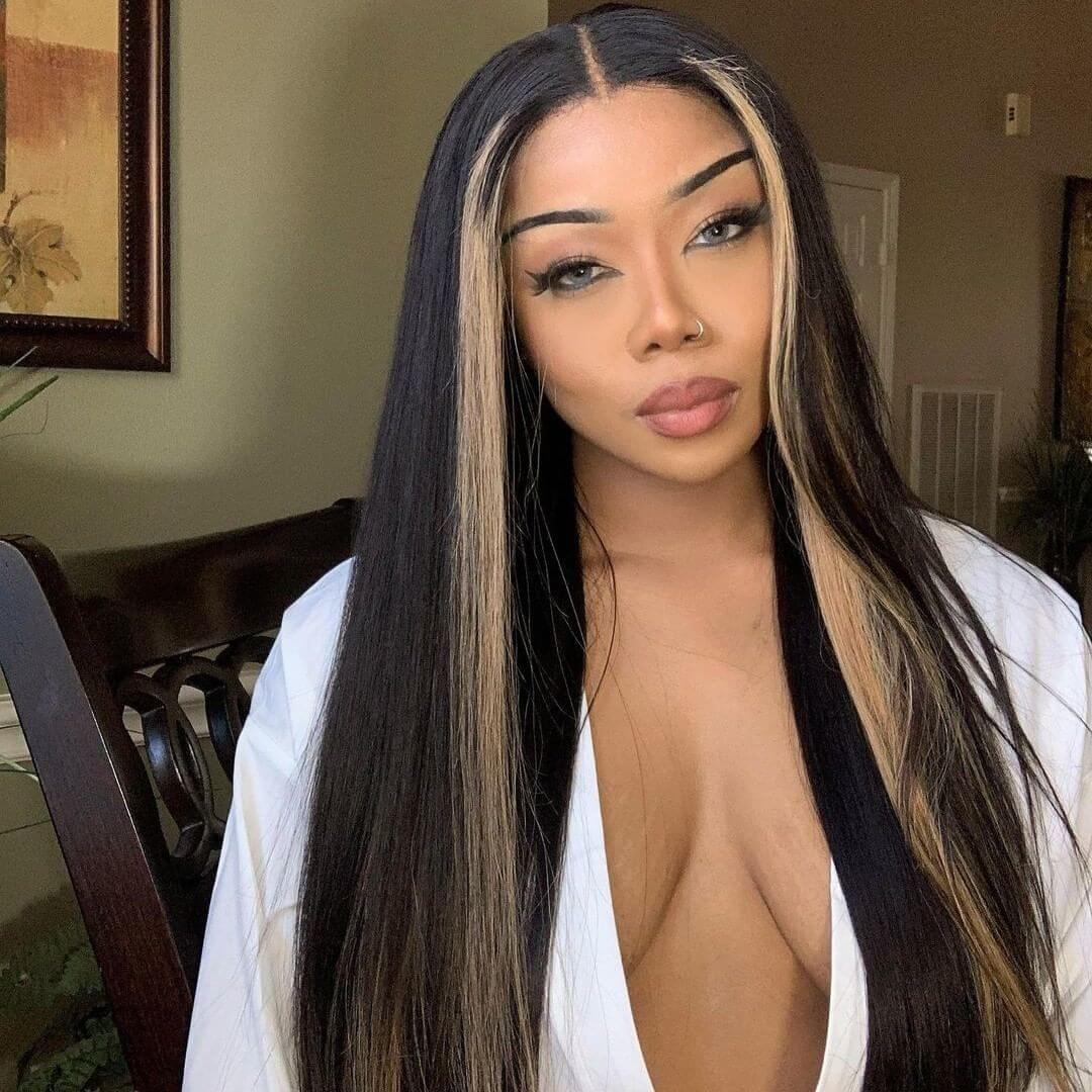 Graduation Season Special 38% Off Highlight Ombre TL/27 Skunk Stripe Bone Straight Hair Wig 13x4 HD Lace Front Human Hair Wigs - GeetaHair
