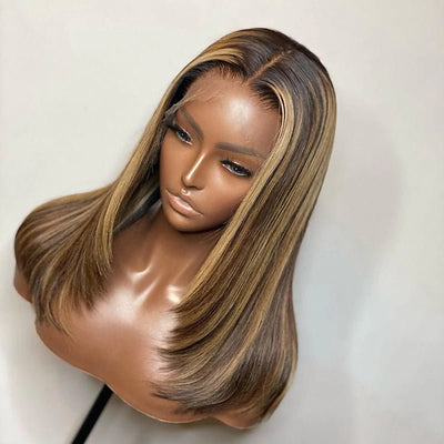 Pre Bleached Knots Straight Layered Cut 13x4 Lace Front Wig Ombre Highlight Straight Wig 180% Density - GeetaHair