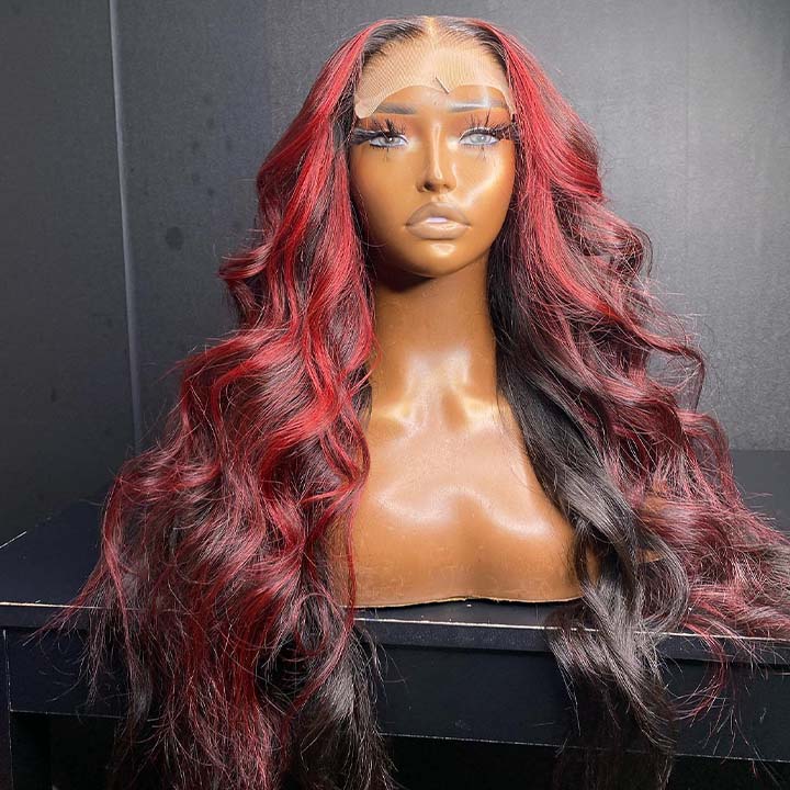 Xmas Sale Burgundy With Black Highlight Red 13x4 Lace Frontal Wig Body Wave Human Hair Wigs With Bangs Glueless Pre Plucked - GeetaHair