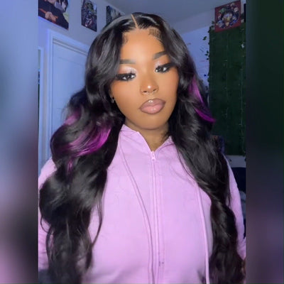 Skunk Stripe Hair Body Wave Lace Front Wig With Dark Purple Highlight HD Transparent Lace Human Hair Wigs - GeetaHair