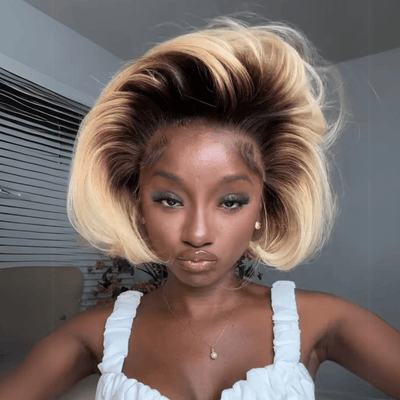 Short Bob Wigs T2/613 Custom 13x4 Lace Front Human Hair Wigs Blonde Bob Wigs With Dark Brown Roots - GeetaHair