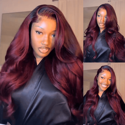 Geeta Hair 99J Burgundy Glueless Wigs 3D Body Wave 13x4 Red Colored Lace Front Wigs Pre Plecked - GeetaHair