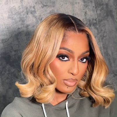 Ombre 1B/27 Glueless Wigs Natural Straight 13x4 Lace Front Human Hair Wigs Blonde Colored with Dark Roots Bob Wigs No Code Needed - GeetaHair