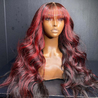 Xmas Sale Burgundy With Black Highlight Red 13x4 Lace Frontal Wig Body Wave Human Hair Wigs With Bangs Glueless Pre Plucked - GeetaHair