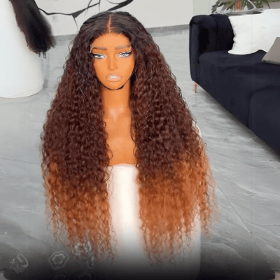 Ombre Brown Curly Lace Front Wigs Human Hair Pre Plucked Deep Curly Wave 13x4 HD Lace Frontal Wigs - GeetaHair