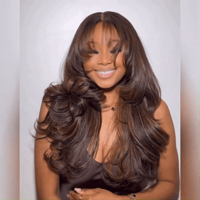 Full 300% Density Highlights Brown Loose Body Wave Wig With Bangs Glueless Wigs Human Hair - GeetaHair