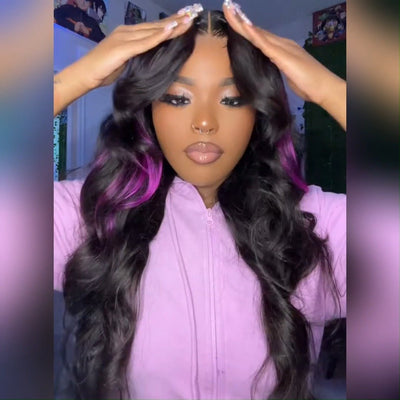 Skunk Stripe Hair Body Wave Lace Front Wig With Dark Purple Highlight HD Transparent Lace Human Hair Wigs - GeetaHair
